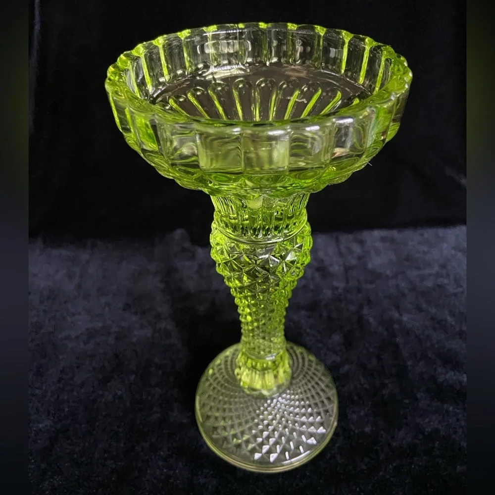 Stunning Vintage Lime Green Pressed Glass Candleholder for both Taper or Pillar